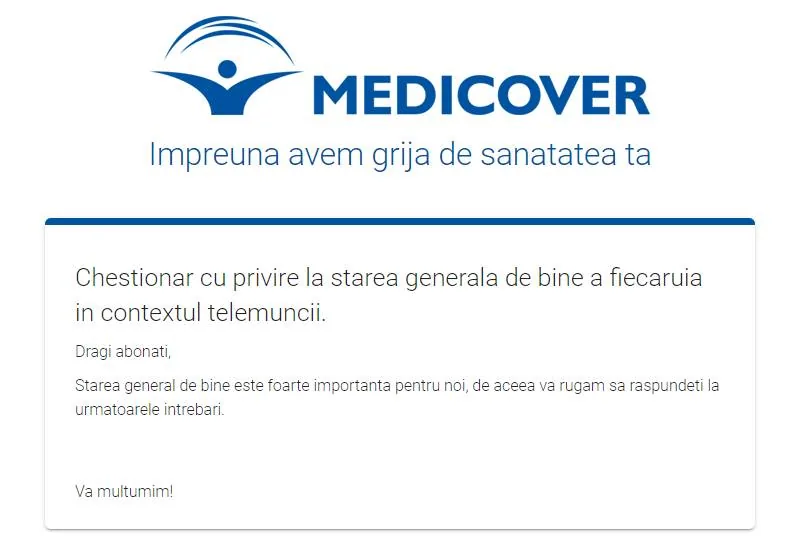 Antetul unui chestionar Medicover, cu sigla, mesajul de brand și introducerea pentru abonați