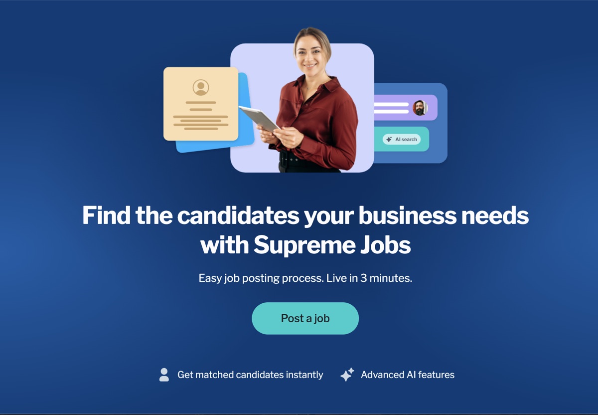 Pagina SupremeJobs pentru angajatori: căutare de candidați cu AI și publicare de joburi